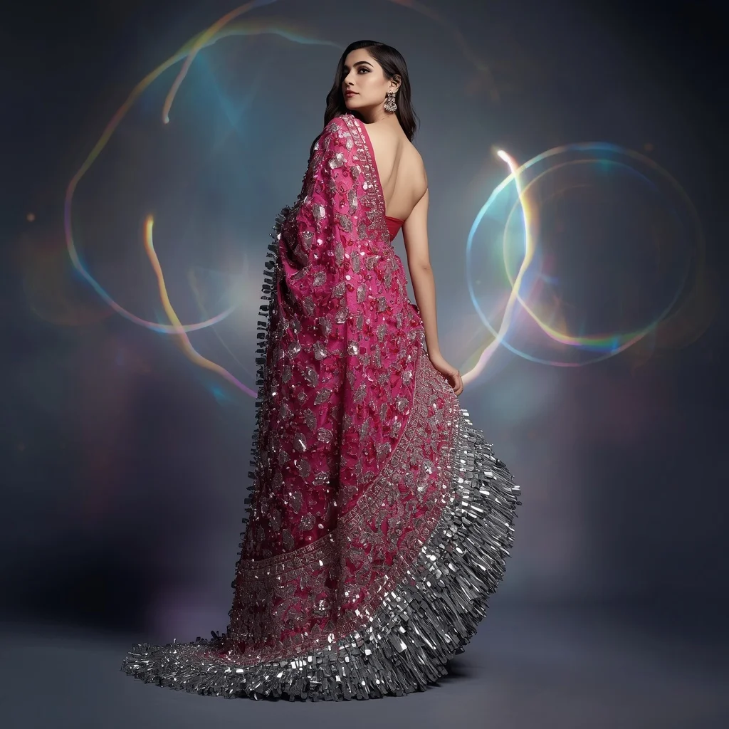 Fancy Festival Saree with 3D Shattered Prism & Silver Zari Architecture | Saree Prompt For Girls AI Prompt