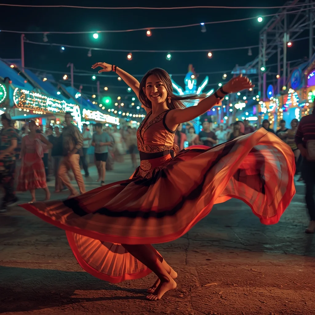 Festival Dance Motion Girl Twirl Lights Dynamic Cultural Viral Look | Gemini Photo Prompt AI Prompt