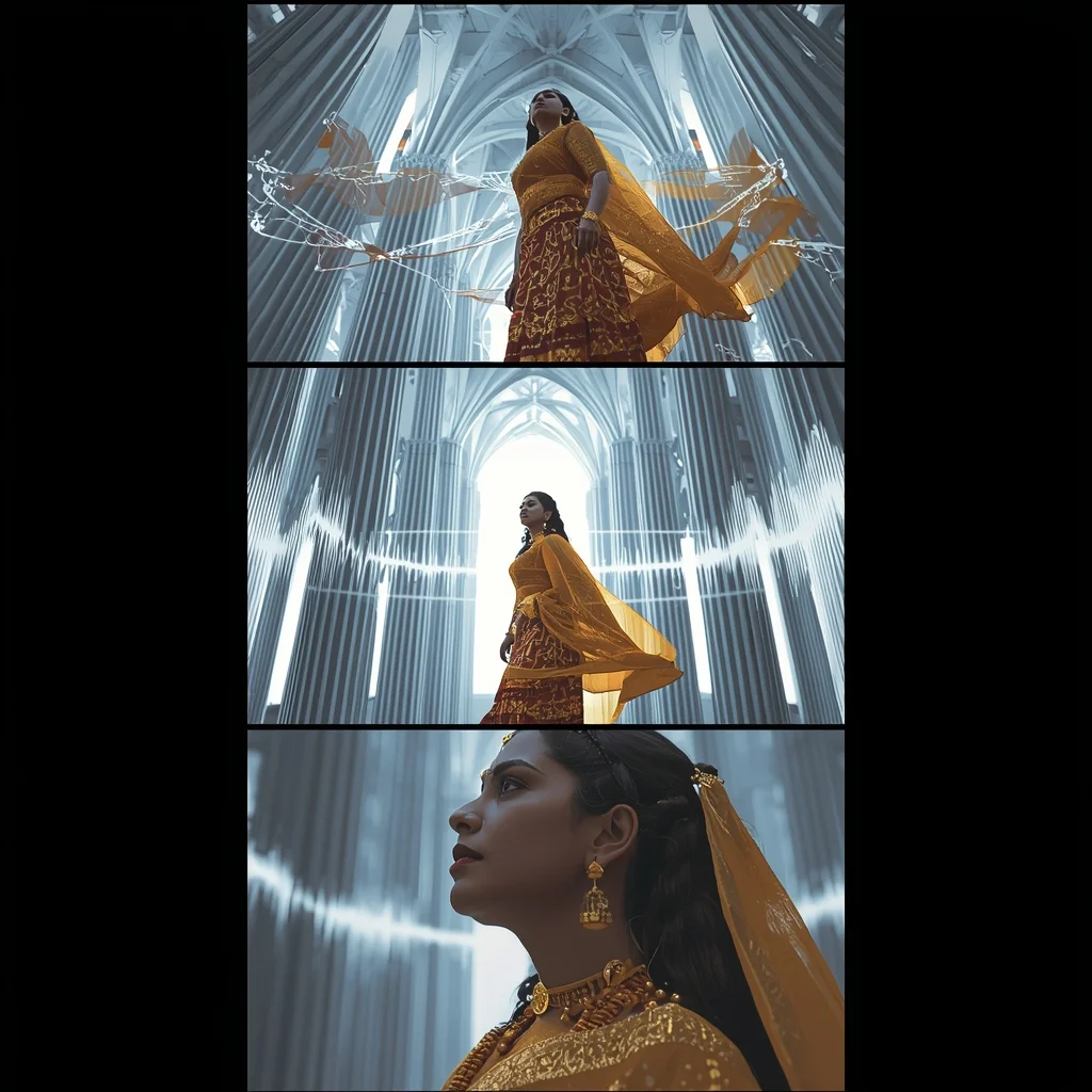 Festival Fancy Saree Acoustic Cathedral Soundwave Film Strip Aesthetic | Saree Prompt Copy Paste AI Prompt
