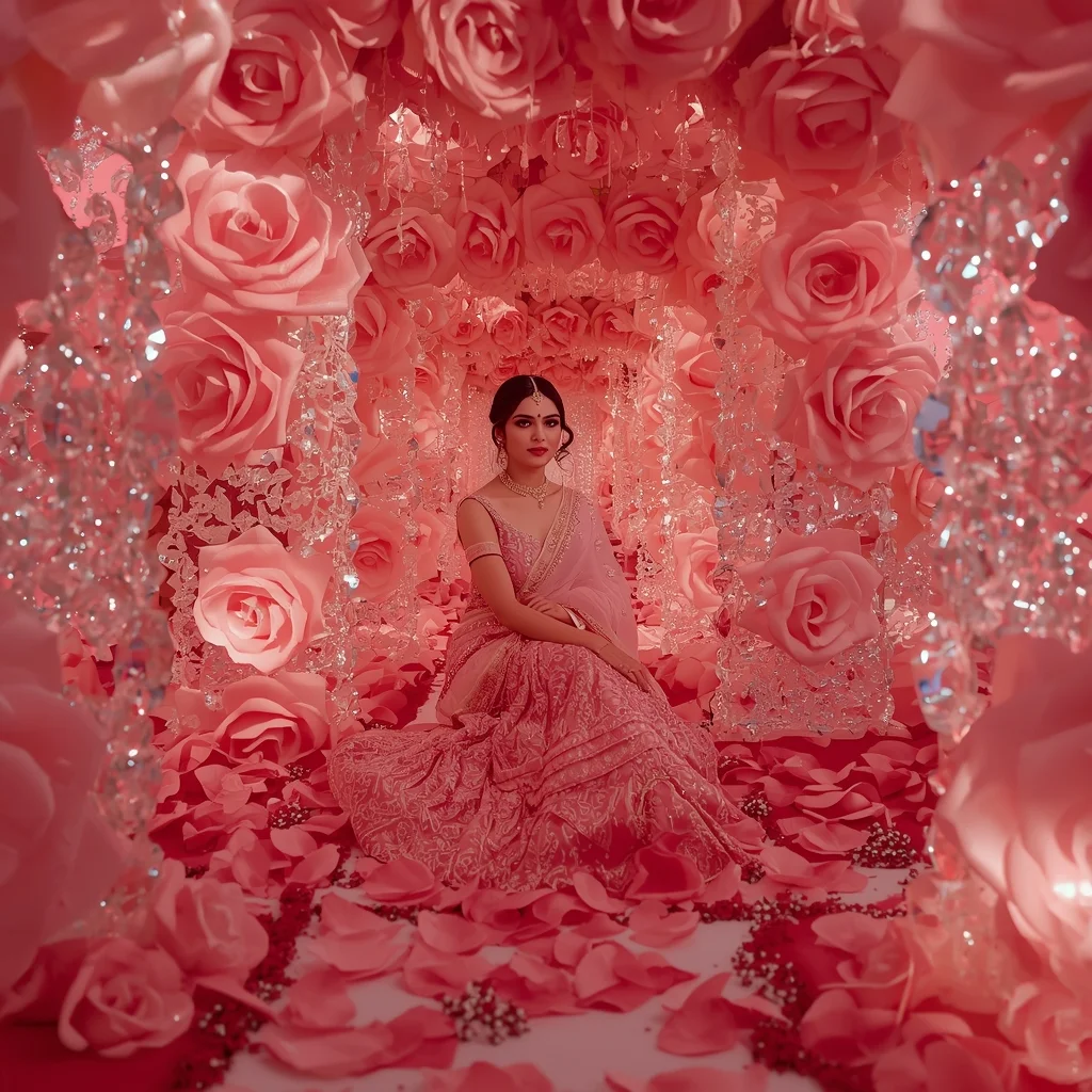 Festival Fancy Saree Crystal Rose Palace Glam | Prompt For Gemini Ai Girl Natural Images AI Prompt