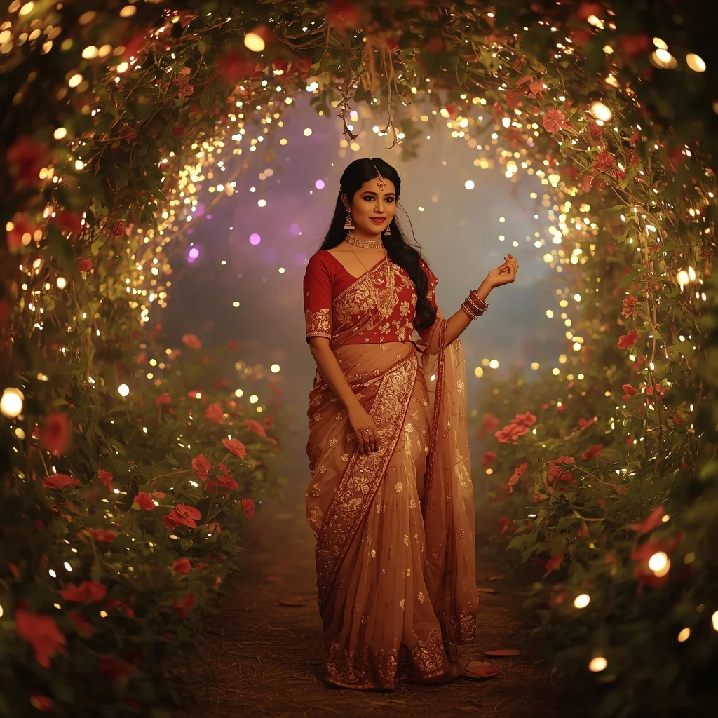 Festival Fancy Saree Fantasy Firefly Garden Dream | Prompt For Gemini Girl Style Trending AI Prompt