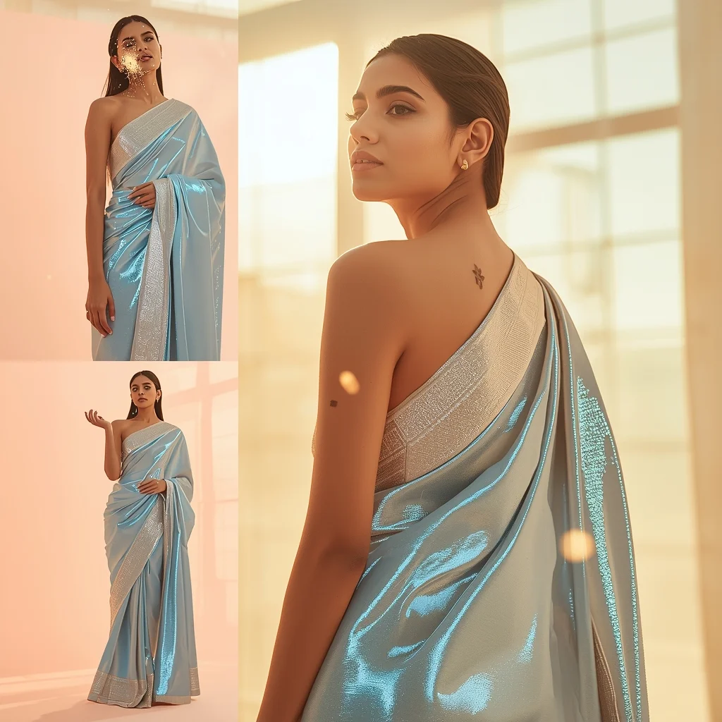 Festival Fancy Saree Liquid-Sapphire Elastomer Satin | Retro Style Prompt For Gemini Girl In Saree Copy And Paste AI Prompt