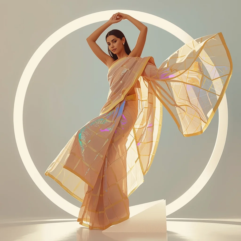 Festival Fancy Saree Quantum-Weave Holographic Organza | Saree Profile Pic Ai Prompt AI Prompt