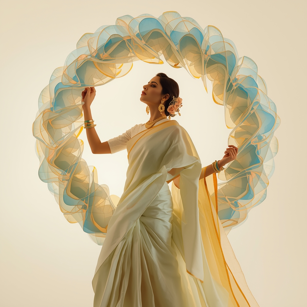Festival Fancy Saree Shape-Memory Metal Origami | Saree Prompt Generator AI Prompt