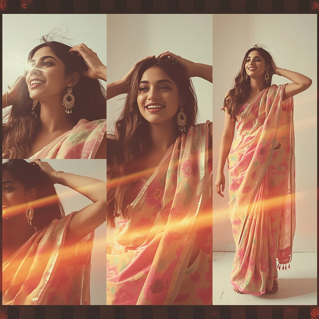 Festive Fancy Saree Bright Vintage Film Burn Overlay | Saree Instagram Ai Prompt AI Prompt