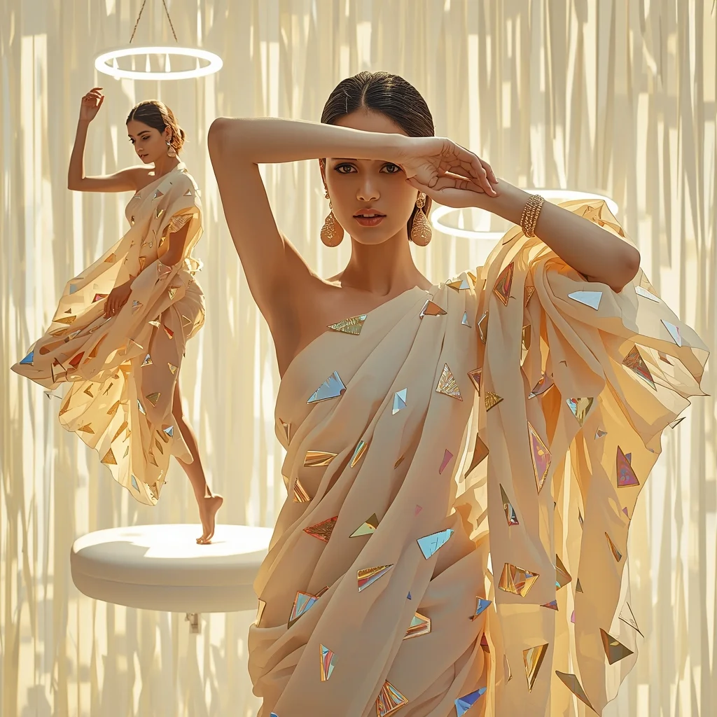 Festive Fancy Saree Levitating Geometric Shard Drape | Saree Woman Ai Prompt AI Prompt