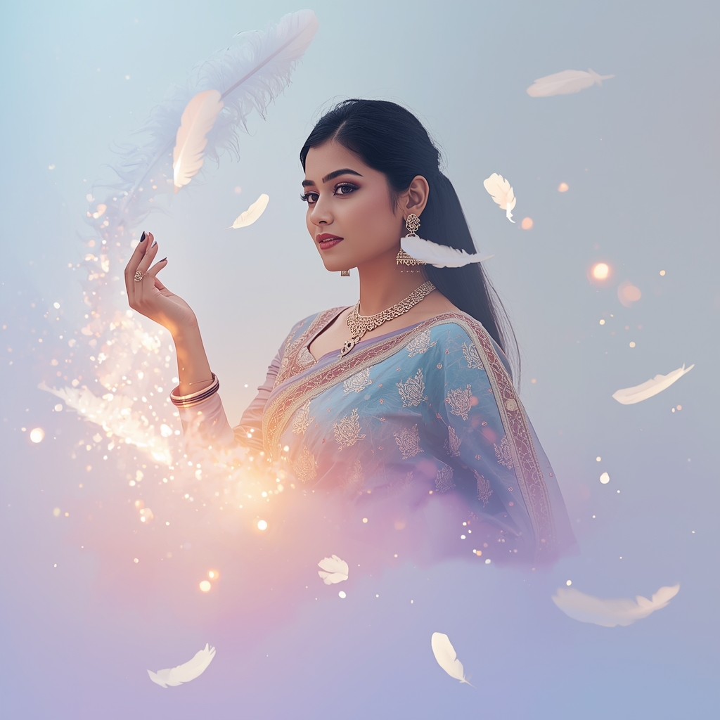 Festive Fancy Saree Luminous Feather And Pastel Smoke | Saree Look Ai Prompt Modern Style AI Prompt