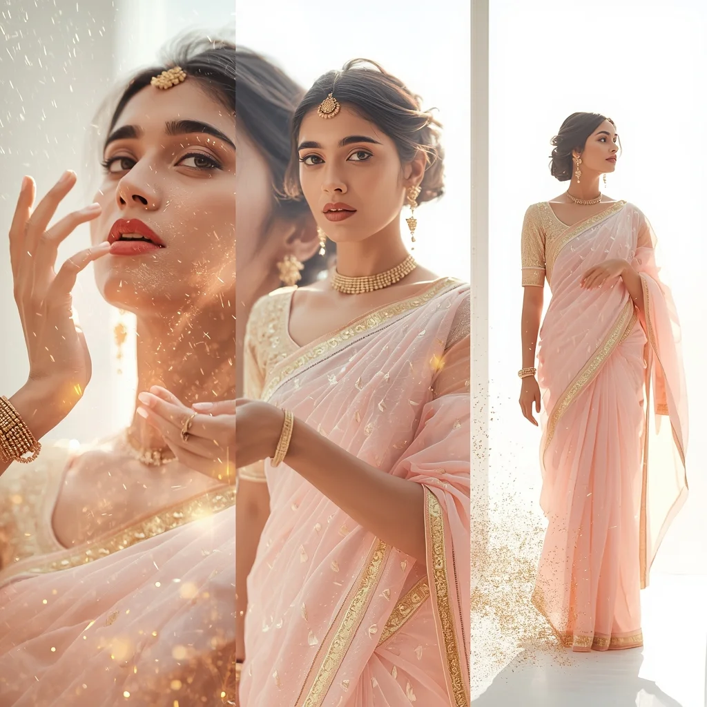 Festive Fancy Saree Luminous White Gold Sand Dust | Traditional Saree Ai Prompt AI Prompt