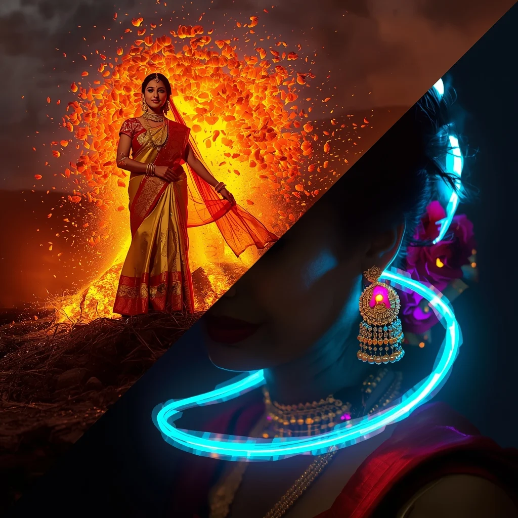Festive Fancy Saree Magma Orchid Eruption Split Screen Magic | Saree Prompt For Gemini Ai AI Prompt