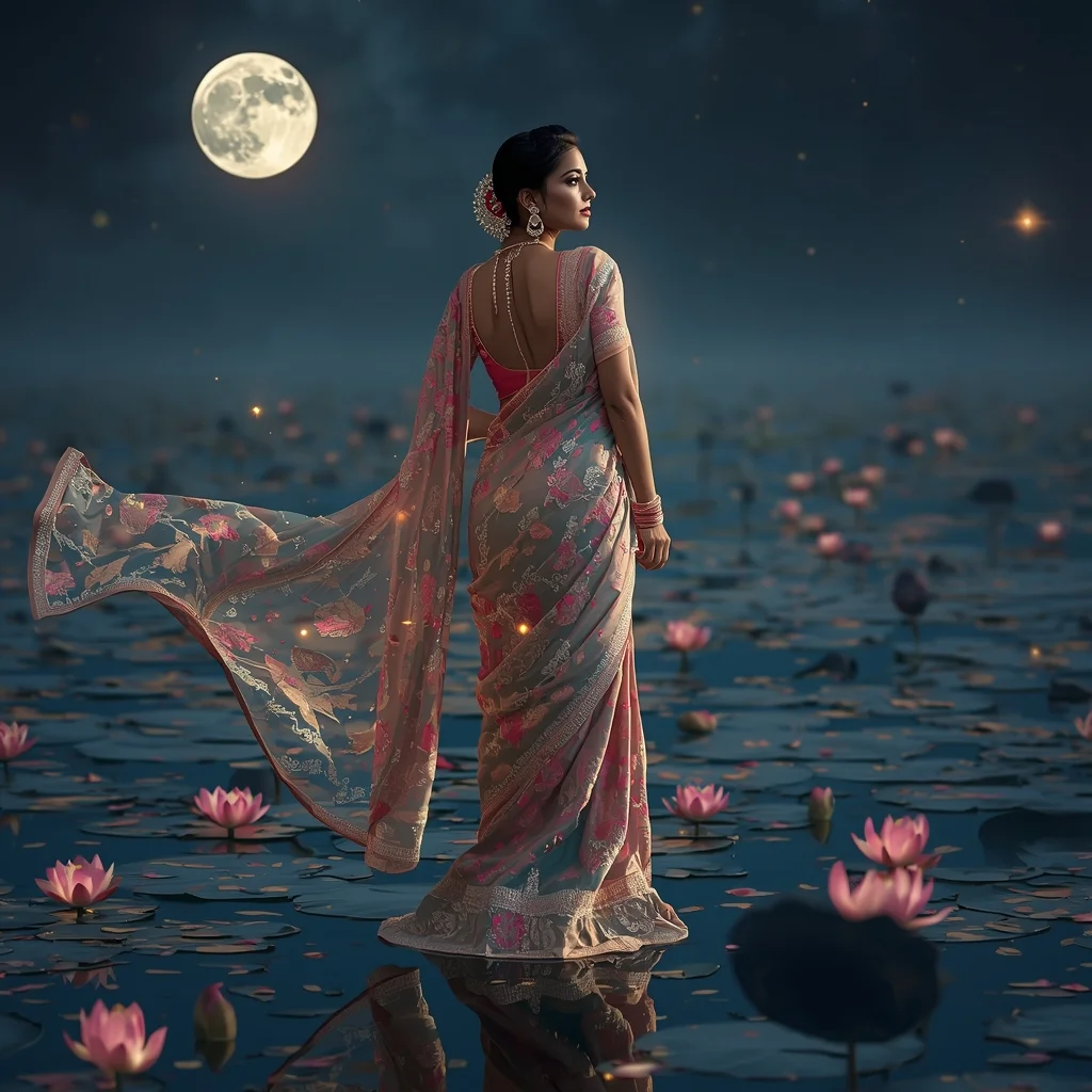 Festive Fancy Saree Moonlit Lotus Lake Diva | Trending Photo Editing Prompt AI Prompt