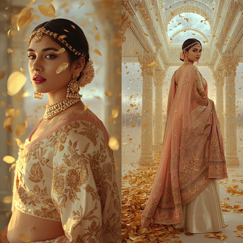Festive Pastel Saree Aurora Goldleaf Rain Palace Collage | Celestial Monsoon Dynasty Prompt | Traditional Saree Ai Prompt AI Prompt