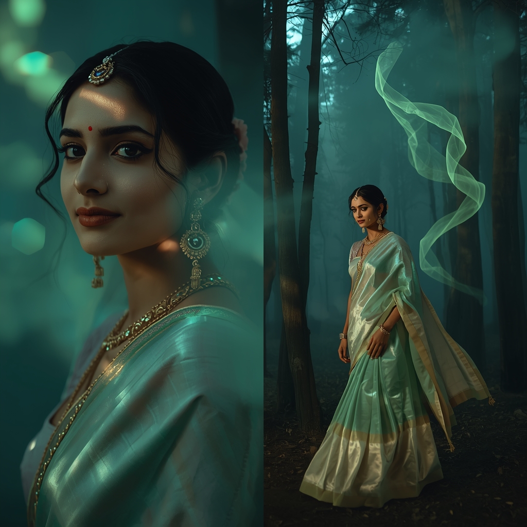Festive Pastel Saree Bioluminescent Silk Fog Forest Collage | Luminous Mist Empress Prompt | Indian Saree Ai Prompt