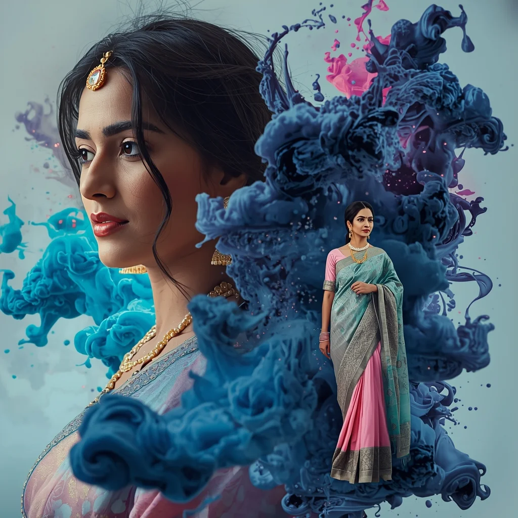 Festive Pastel Saree Cosmic Ink Explosion Collage | Artistic Universe Luxury Prompt | Saree Prompt For Gemini AI Prompt