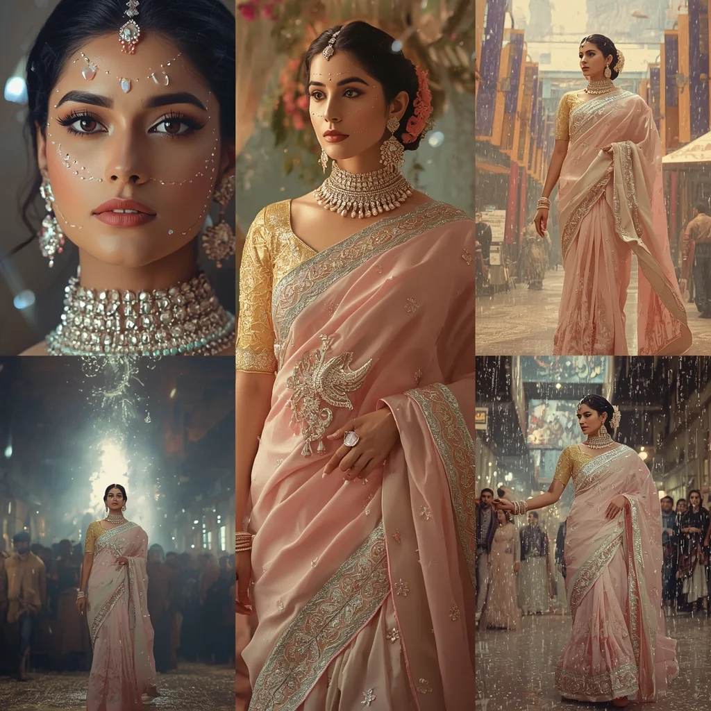 Festive Pastel Saree Crystal Phoenix Rain Bazaar Collage | Jewelstorm Rebirth Prompt | Prompt For Girls Chatgpt AI Prompt