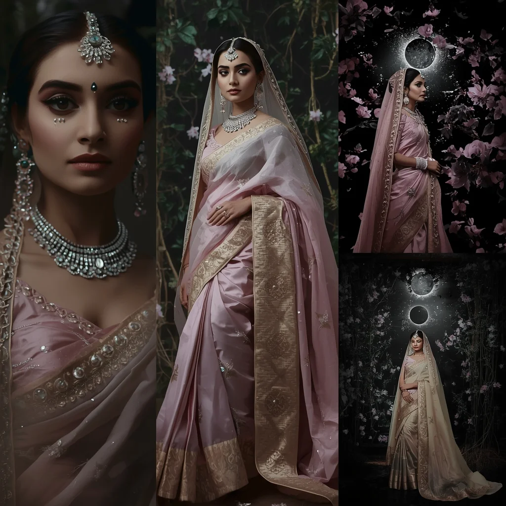 Festive Pastel Saree Diamond Vine Eclipse Garden Collage | Shadow Bloom Maharani Prompt | Gemini Traditional Saree Prompt AI Prompt