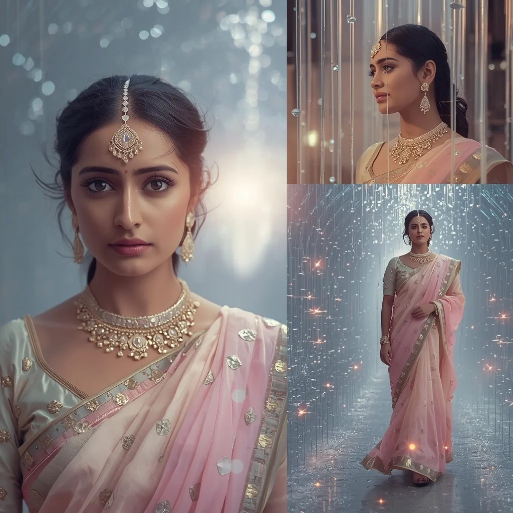 Festive Pastel Saree Enchanting Ethereal Crystal Tunnel Collage | Magical Fantasy Prompt | Gemini Ai Saree Prompt