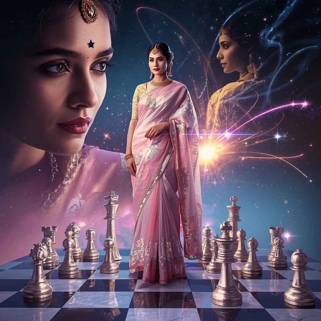 Festive Pastel Saree Eternal Chessboard Star Galaxy Collage | Strategic Cosmic Prompt | Saree Instagram Ai Prompt AI Prompt