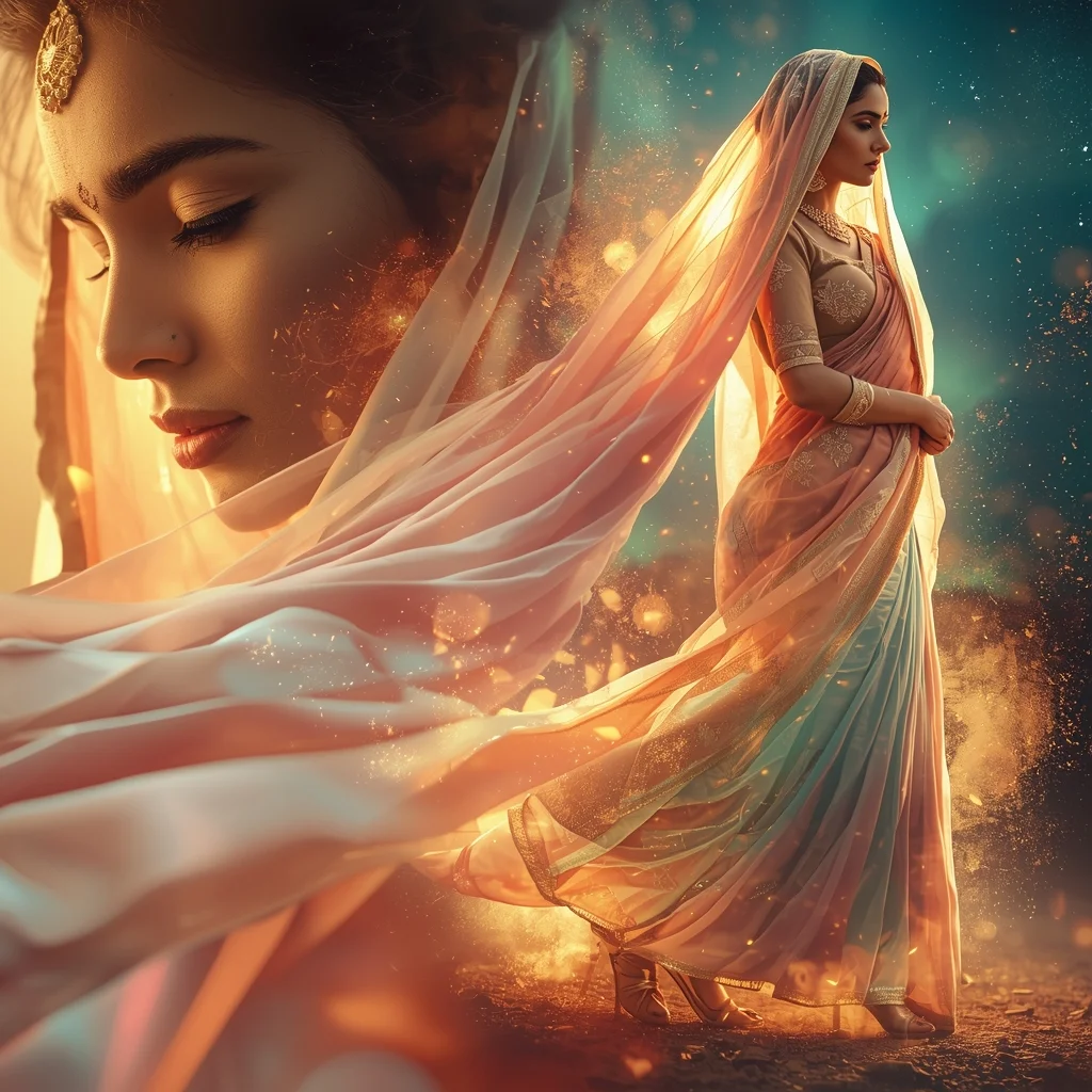 Festive Pastel Saree Eternal Flame Aurora Veil Collage | Divine Flame Veil Prompt | Saree Ai Prompt Copy Paste For Gemini AI Prompt