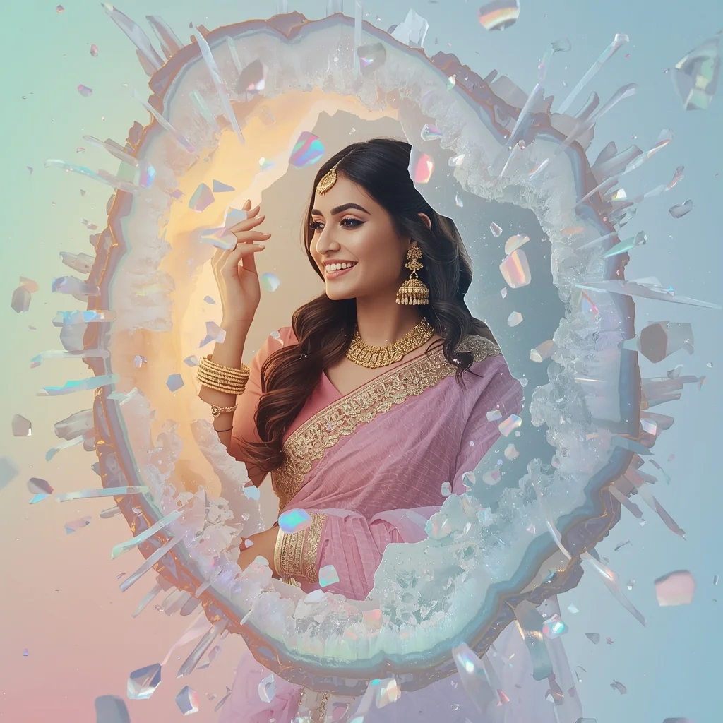 Festive Pastel Saree Exploding Liquid Opal Geode Collage Premium Cinematic | Saree Profile Pic Ai Prompt