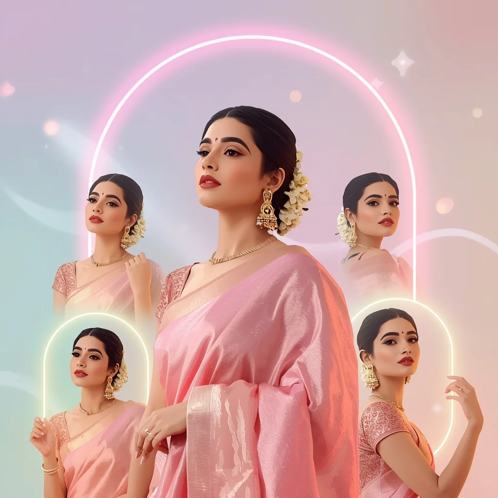 Festive Pastel Saree Floating Glow Arc Frames Collage Cinematic | Gemini Saree Prompt For Instagram AI Prompt