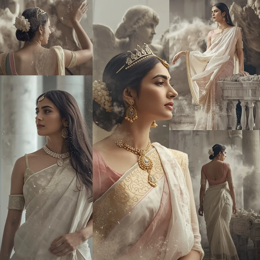 Festive Pastel Saree Floating Marble Dust Storm Collage | Classical Chaos Empress Prompt | Saree Whatsapp Dp Ai Prompt AI Prompt