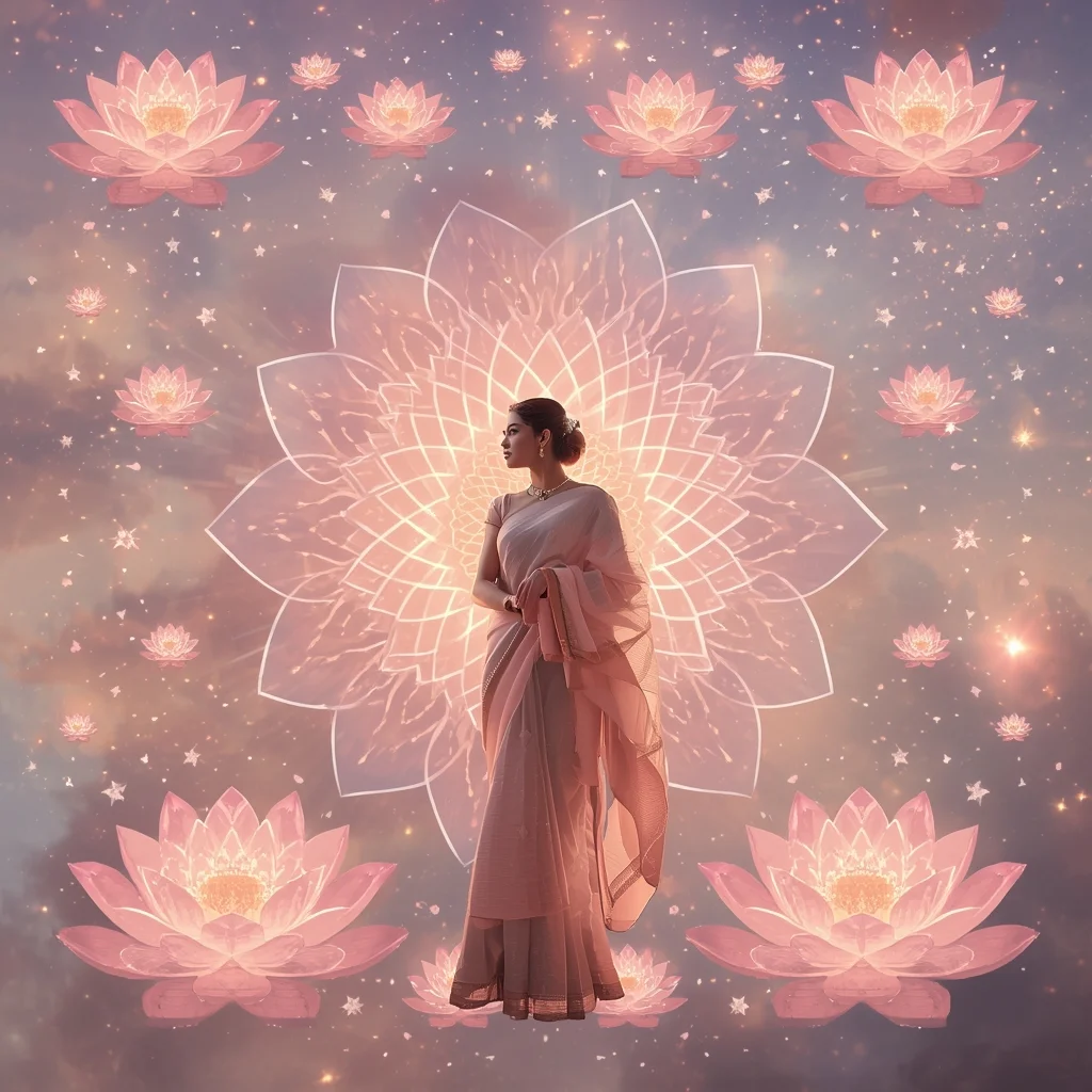 Festive Pastel Saree Floating Neon Lotus Mandala Collage Cinematic Aesthetic | Saree Dp Ai Prompt