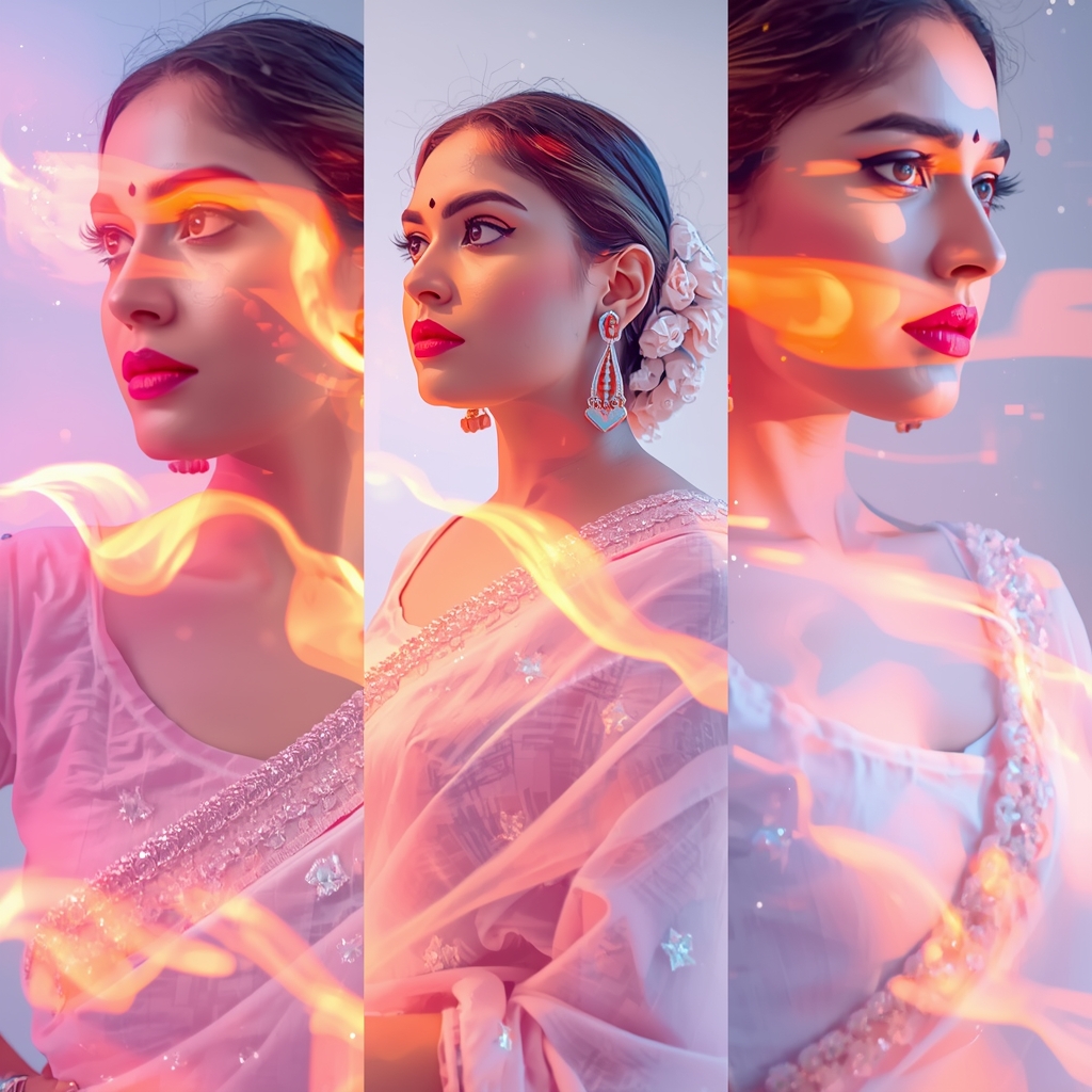 Festive Pastel Saree Glow Pixel Wave Collage Modern Cinematic | Gemini Ai Saree Prompt AI Prompt