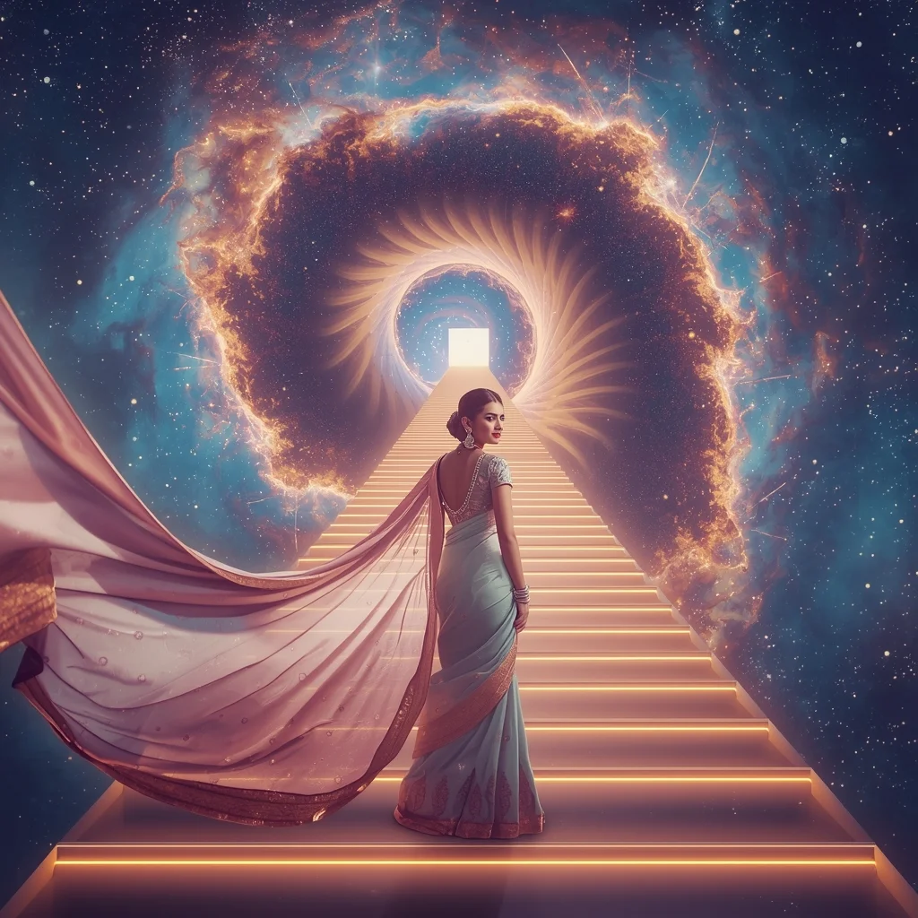 Festive Pastel Saree Grand Infinite Cosmic Staircase Collage | Majestic Nebula Prompt | Saree Ai Prompt AI Prompt