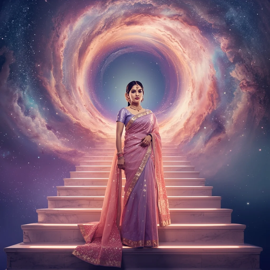 Festive Pastel Saree Grand Infinite Cosmic Staircase Collage | Majestic Nebula Prompt | Saree Look Ai Prompt Modern Style AI Prompt