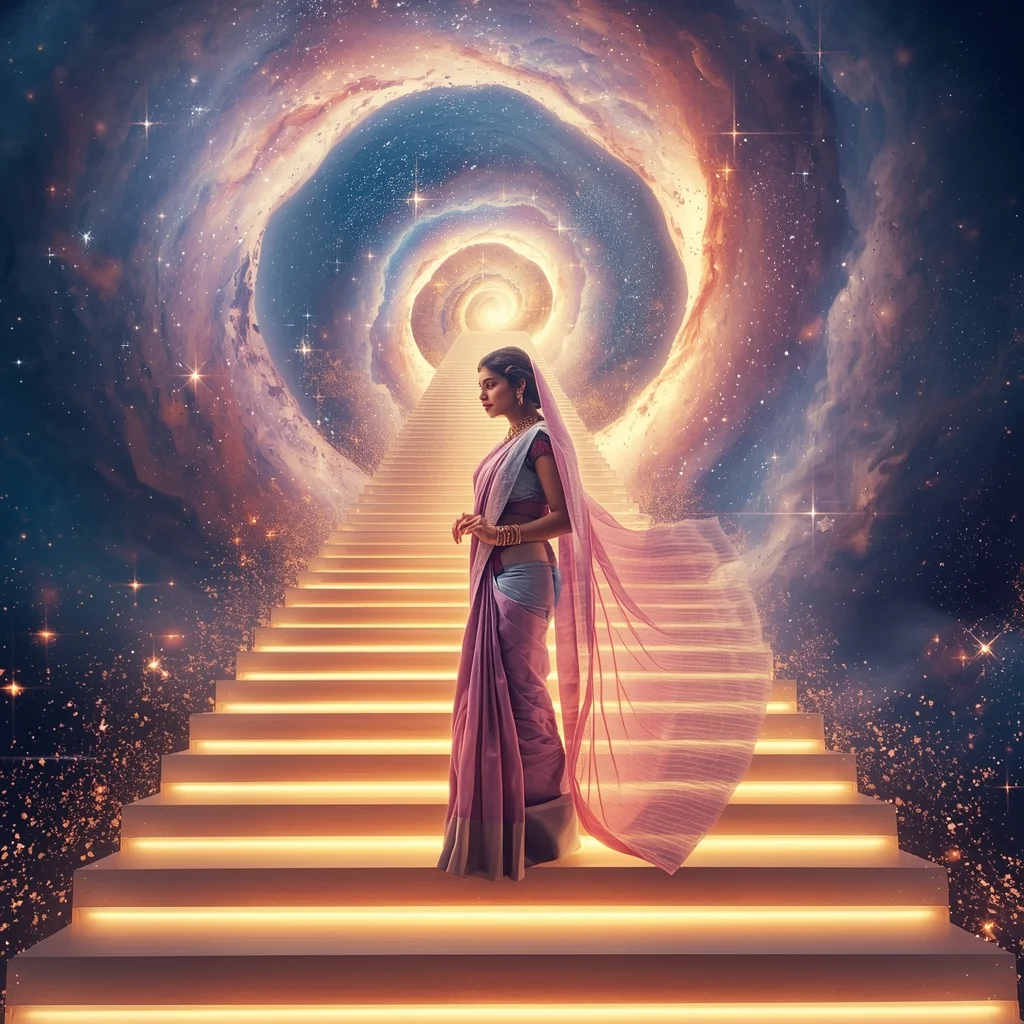 Festive Pastel Saree Grand Infinite Cosmic Staircase Collage | Majestic Nebula Prompt | Saree Prompt For Women AI Prompt