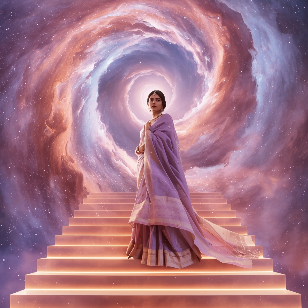 Festive Pastel Saree Grand Infinite Cosmic Staircase Collage | Majestic Nebula Prompt | Saree Prompt Generator