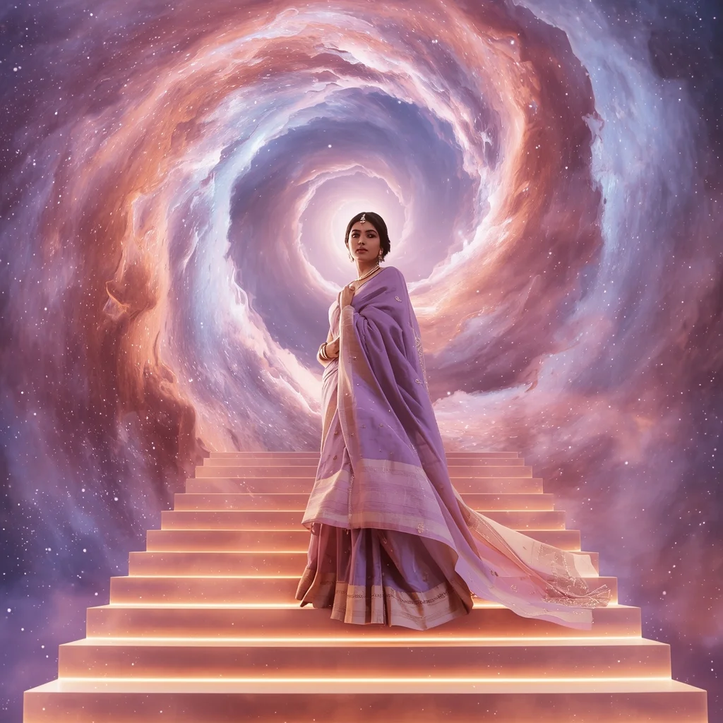Festive Pastel Saree Grand Infinite Cosmic Staircase Collage | Majestic Nebula Prompt | Saree Prompt Generator AI Prompt