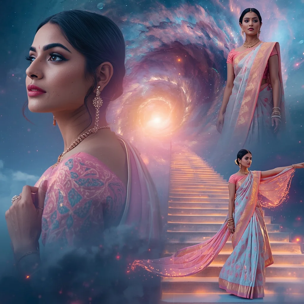 Festive Pastel Saree Grand Infinite Cosmic Staircase Collage | Majestic Nebula Prompt | Saree Prompt Text To Image AI Prompt