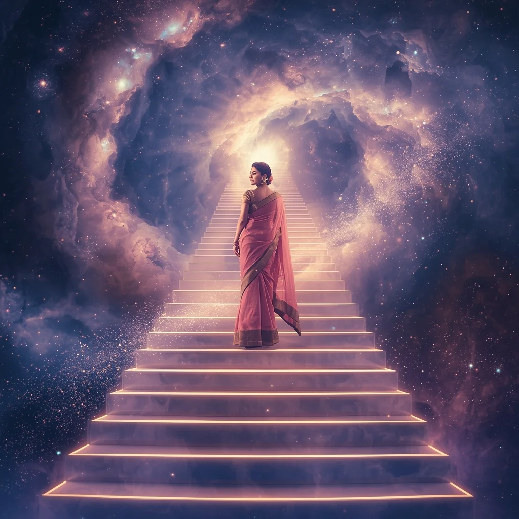 Festive Pastel Saree Grand Infinite Cosmic Staircase Collage | Majestic Nebula Prompt | Travel Ai Prompt AI Prompt