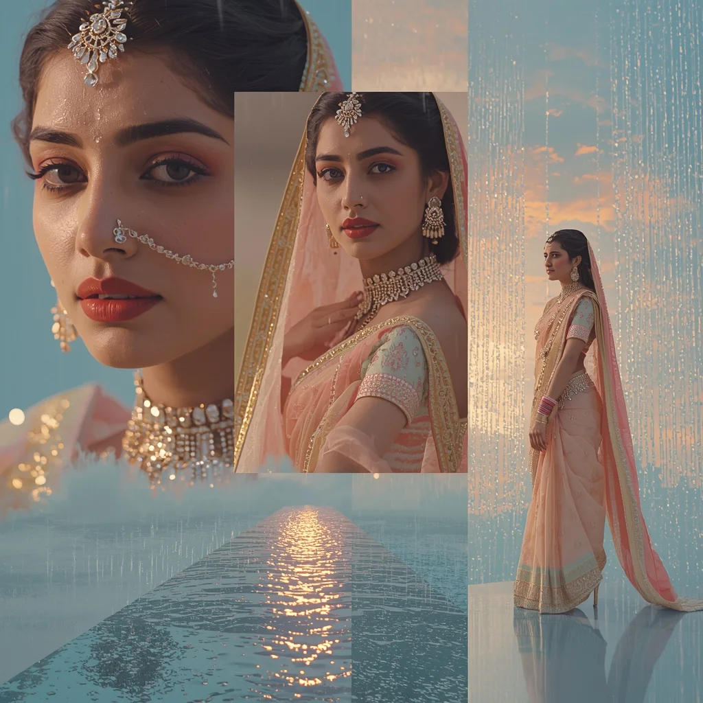 Festive Pastel Saree Heavenly Celestial Mirror Island Collage | Enchanted Crystal Rain Prompt | New Chat Gpt Prompt Trend AI Prompt