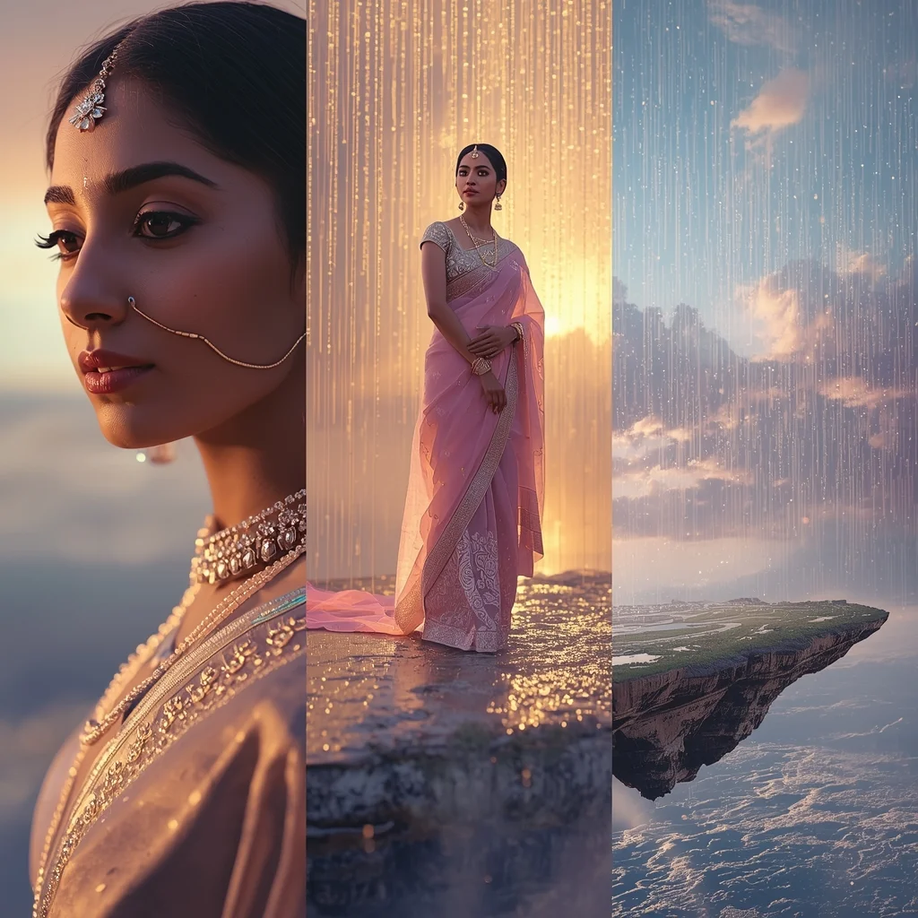 Festive Pastel Saree Heavenly Celestial Mirror Island Collage | Enchanted Crystal Rain Prompt | Saree Trending Ai Prompt AI Prompt