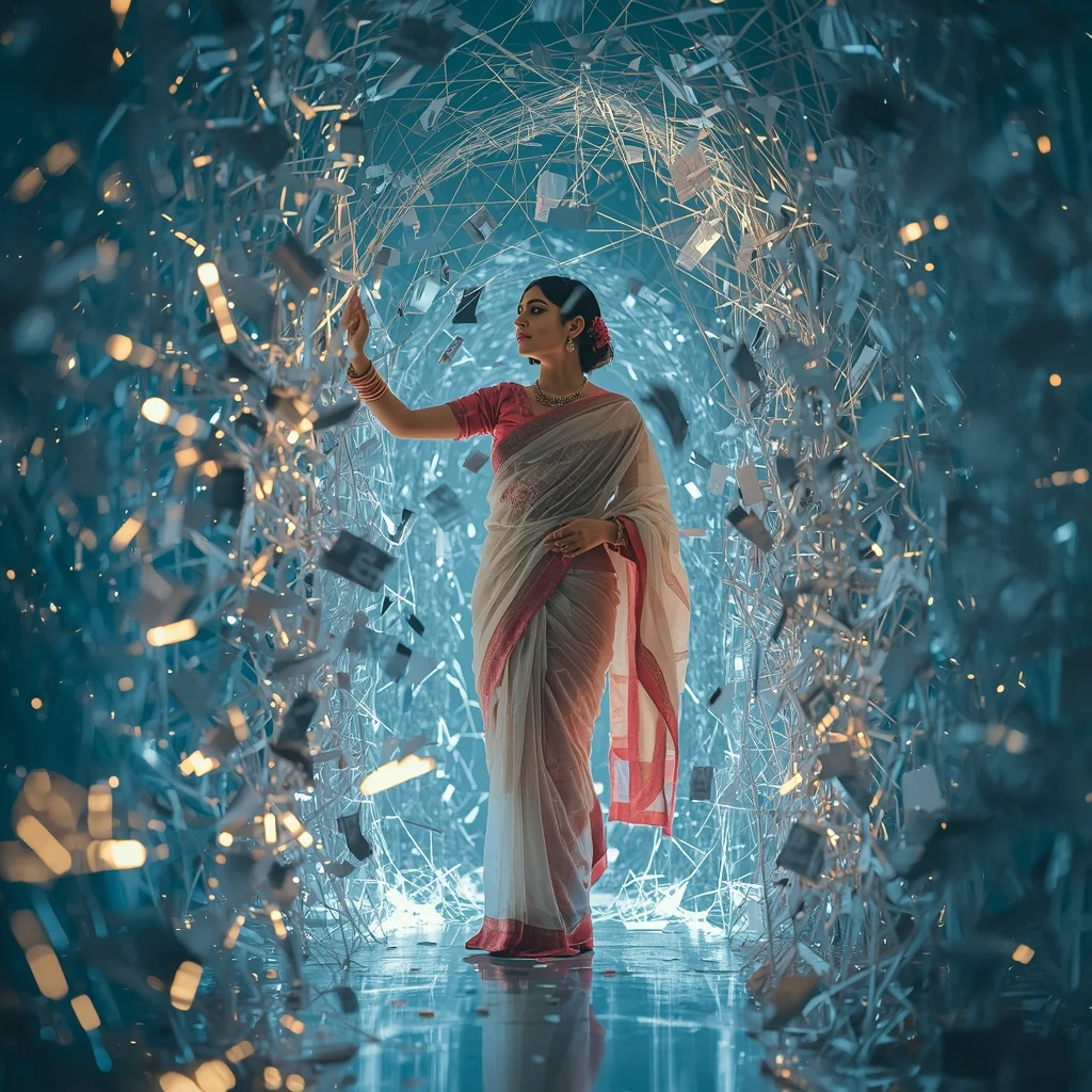 Festive Pastel Saree Hyper Light Thread Collapse Collage | Structural Breakdown Luxury Prompt | Gemini Ai Saree Prompt AI Prompt