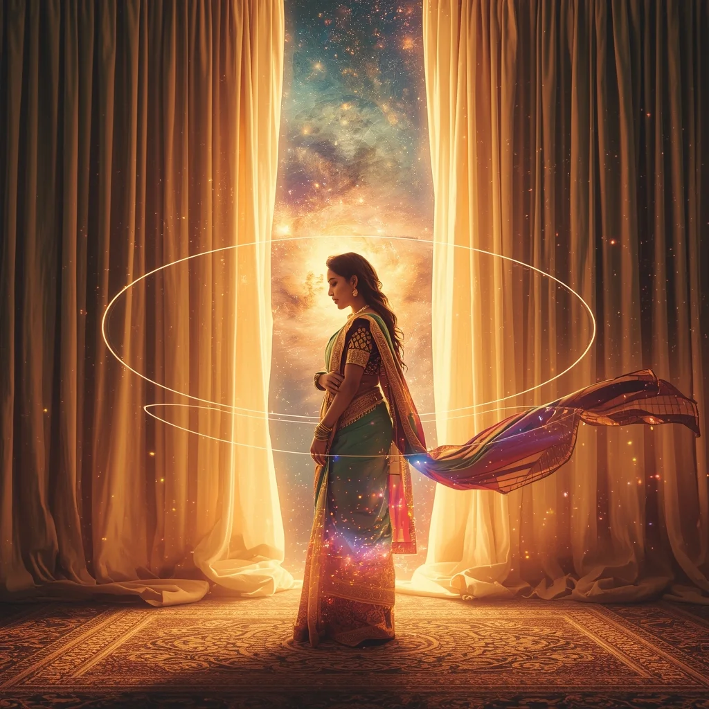 Festive Pastel Saree Imperial Cosmic Curtain Galaxy Burst Collage | Regal Symphony Prompt | Gemini Saree Prompt For Girl AI Prompt