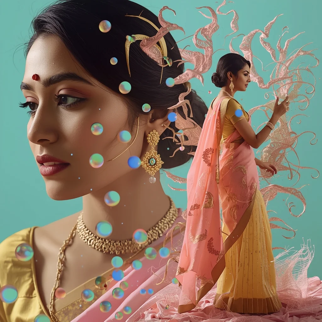 Festive Pastel Saree Infinite Emergence Without Cause Collage | Pure Spontaneity Luxury Prompt | Cute Girl Ai Prompt AI Prompt