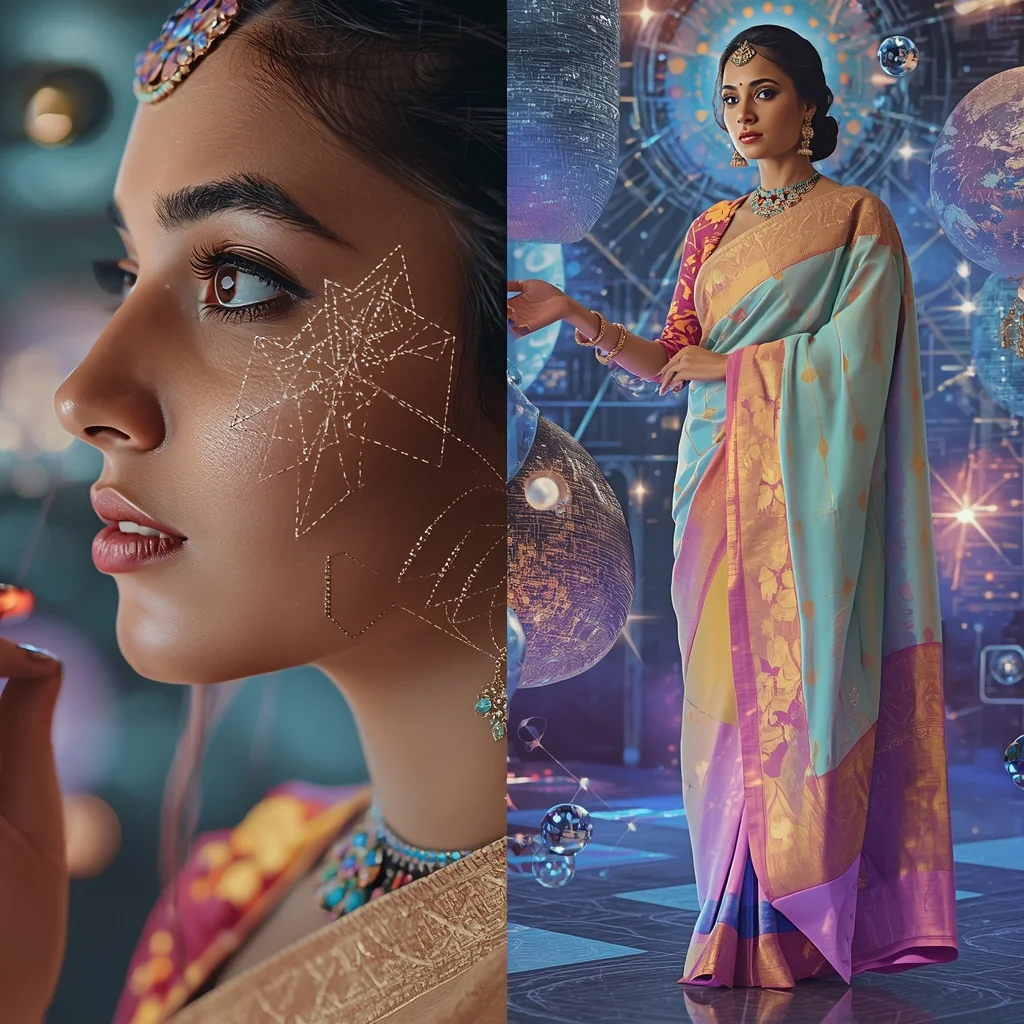 Festive Pastel Saree Infinite Universes Learn From Each Other Collage | Cross-Learning Multiverse Luxury Prompt | Fantasy Ai Prompt AI Prompt