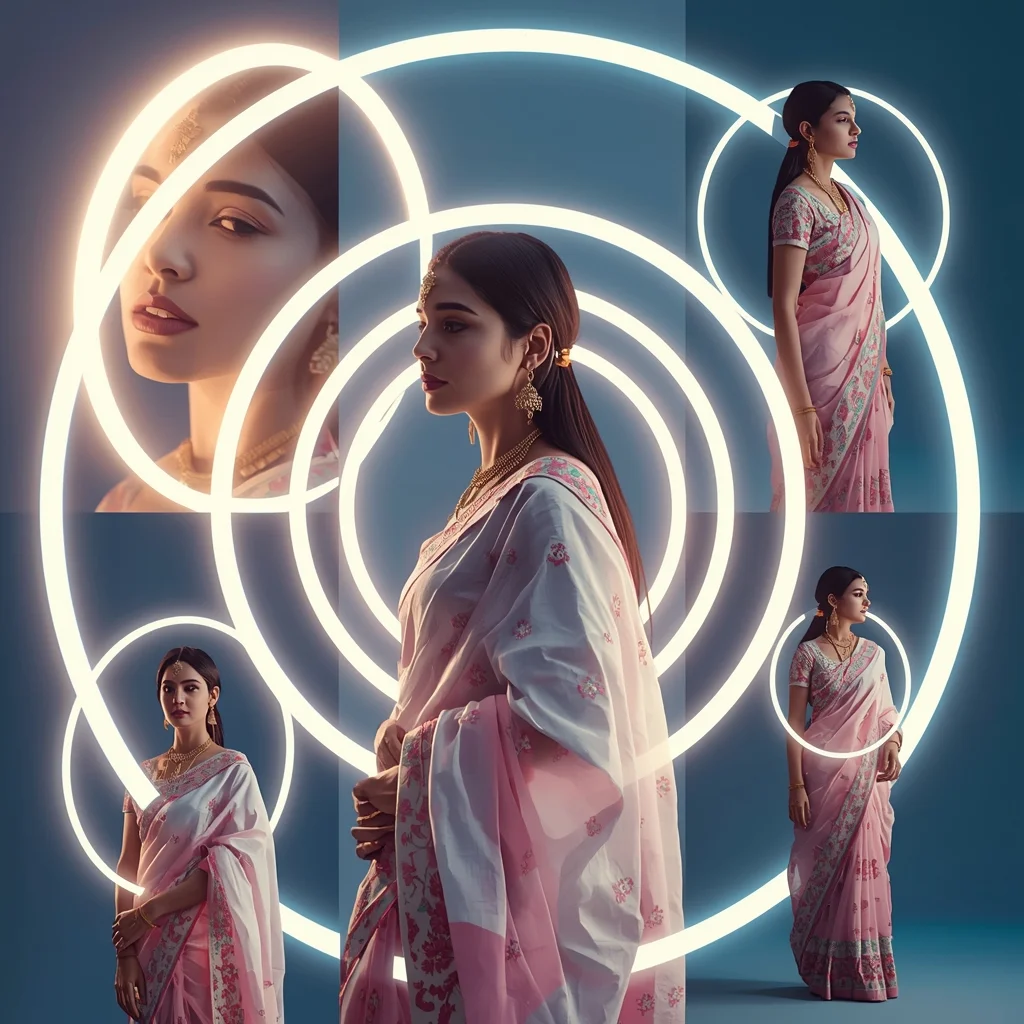 Festive Pastel Saree Infinity Light Rings Collage | Indian Girl Orbit Glow Aesthetic Cinematic Viral Prompt | Gemini Saree Prompt For Girl AI Prompt