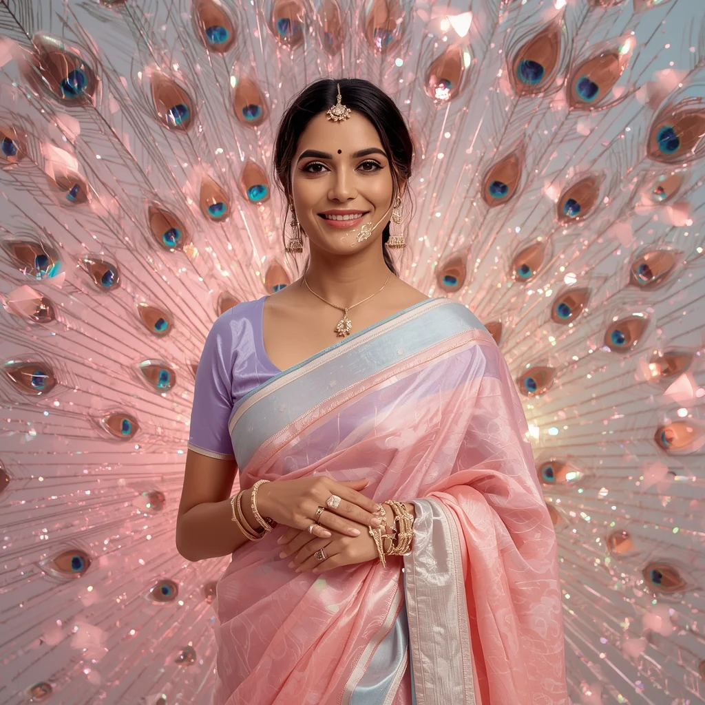 Festive Pastel Saree Kinetic Crystal Peacock Feather Collage Luxury Cinematic | Chatgpt Photo Editing Prompts Trending Instagram Download