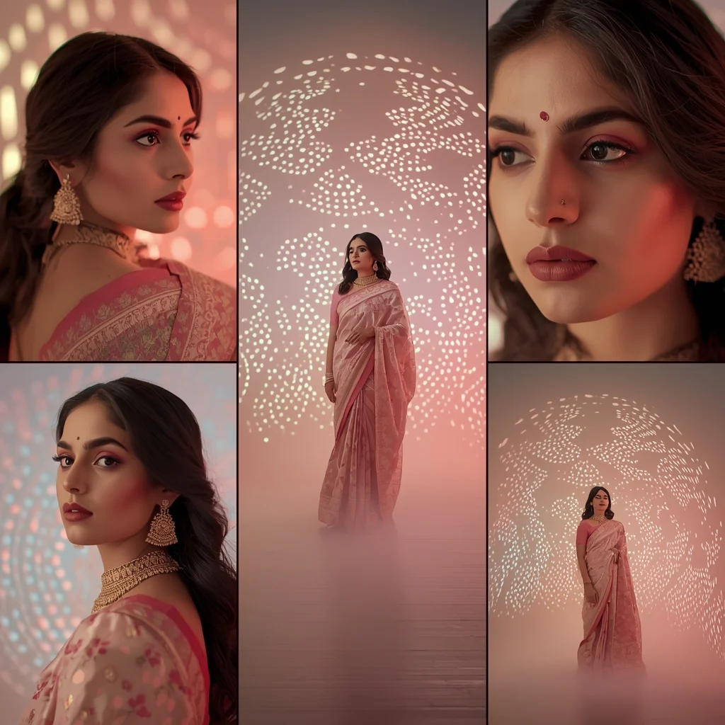 Festive Pastel Saree Light Dome Collage | Indian Girl Pattern Glow Aesthetic Soft Cinematic Viral Prompt | Cinematic Saree Ai Prompt AI Prompt