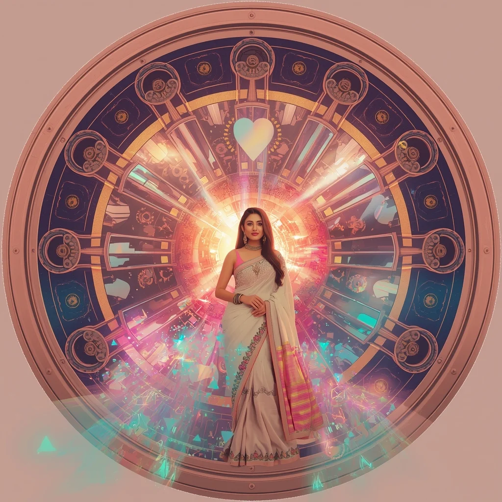 Festive Pastel Saree Mechanical Heart Galaxy Engine Collage | Steampunk Cosmic Prompt | Beautiful Saree Girl Ai Prompt Cinematic AI Prompt