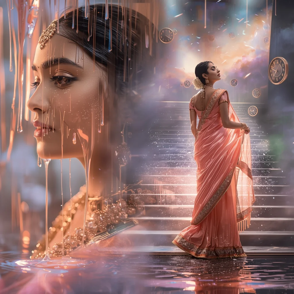 Festive Pastel Saree Melting Clock Nebula Dreamscape Collage | Surreal Time Prompt | Saree Prompt For Gemini Ai AI Prompt