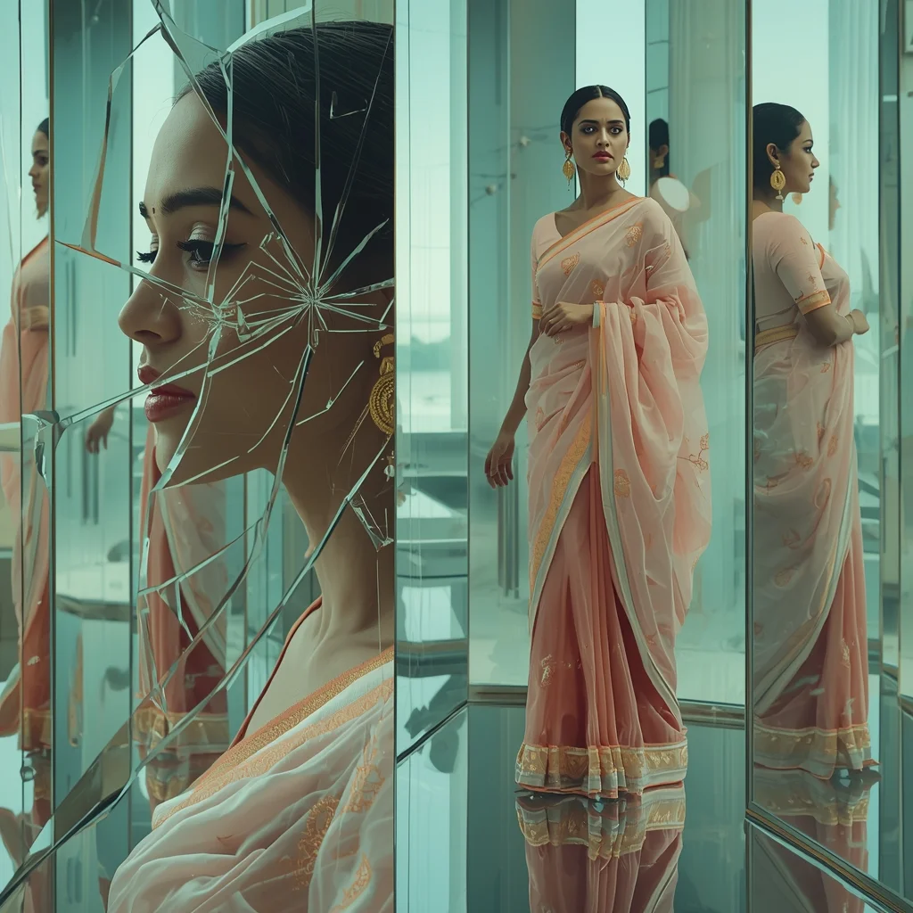 Festive Pastel Saree Mirrorverse Silk Fracture Collage | Parallel Reflection Shatter Prompt | Bridal Saree Ai Prompt For Instagram Reel AI Prompt