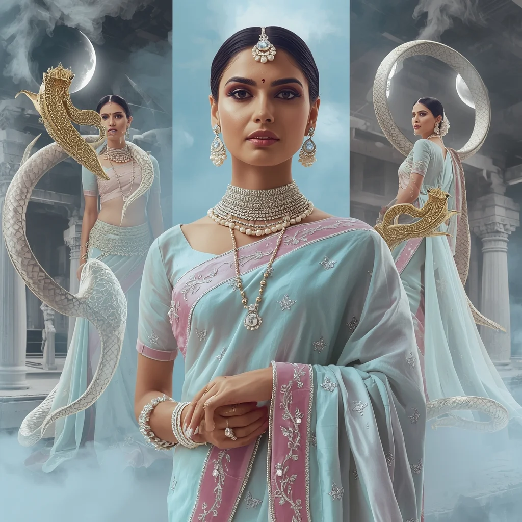Festive Pastel Saree Moonstone Serpent Temple Collage | Sacred Lunar Power Prompt | Prompt For Gemini Ai Saree Look Couple AI Prompt