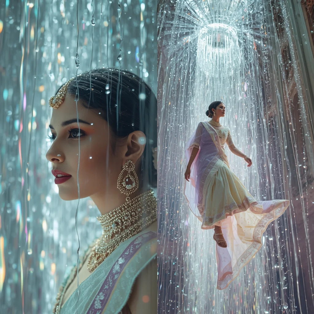 Festive Pastel Saree Prism Silk Gravity Cascade Collage | Dimensional Fall Empress Prompt | New Trending Prompt Chatgpt AI Prompt