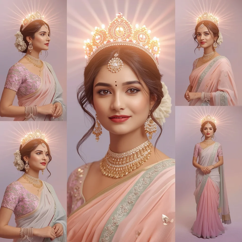 Festive Pastel Saree Radiant Light Crown Collage Cinematic Aesthetic | Wedding Saree Ai Prompt AI Prompt