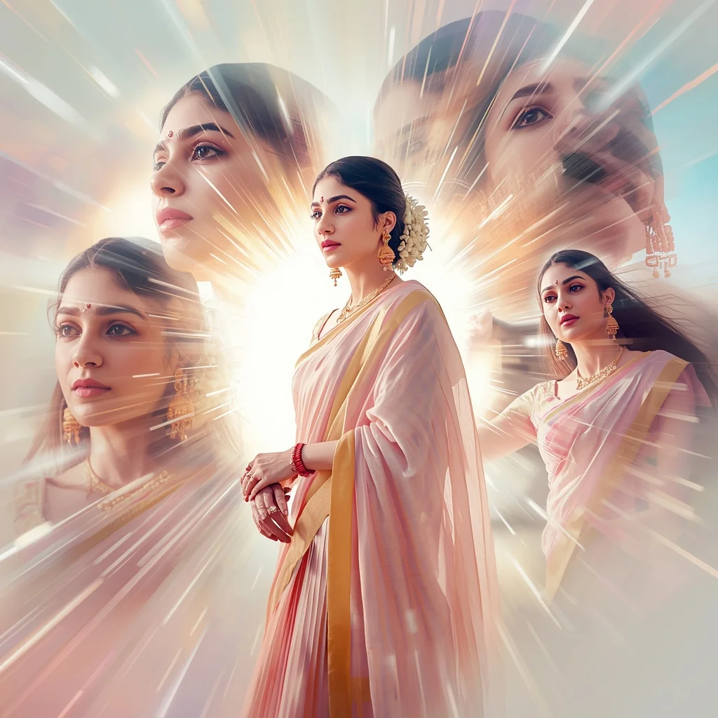 Festive Pastel Saree Radiant Light Sphere Burst Collage Cinematic Aesthetic | Prompt For Ai Image Editing AI Prompt